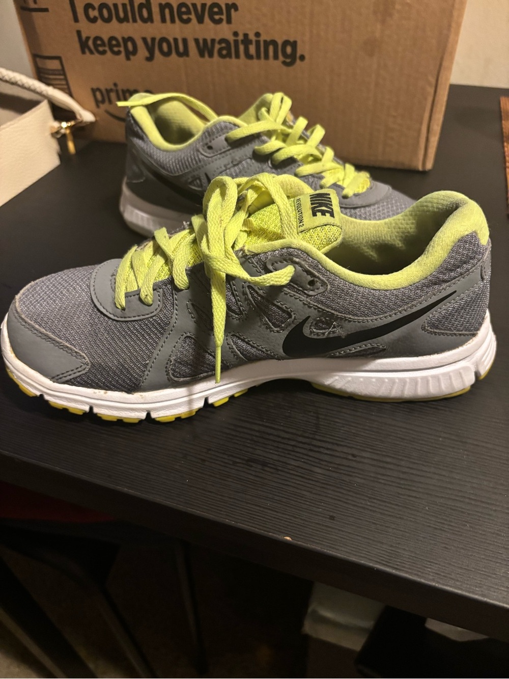 Nike Kids Gray and Lime Athletic Sneakers with Black Swoosh